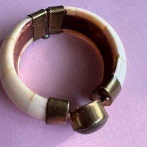Vintage Bone Brass Tribal Genuine Gemstone Cuff Artisan Estate Bracelet